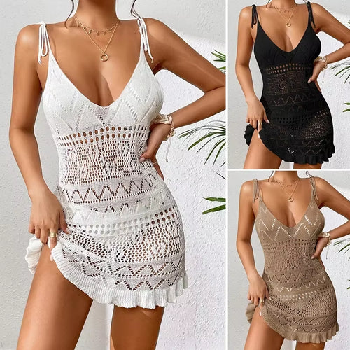 Dress Clothes Women Summer Solid Color Sleeveless Knitted Cover up Backless Stylish Beach Dresses Vintage Dress