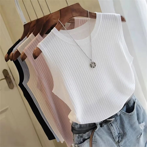 1Pcs Summer New Fashion Knitted Vests O-Neck Sleeveless Casual Thin Tops