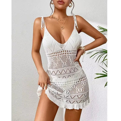 Dress Clothes Women Summer Solid Color Sleeveless Knitted Cover up Backless Stylish Beach Dresses Vintage Dress