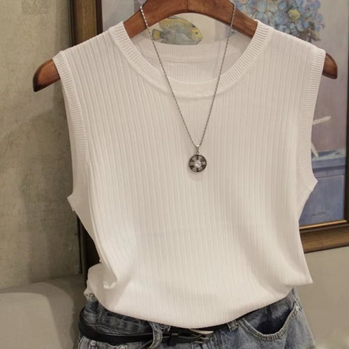 1Pcs Summer New Fashion Knitted Vests O-Neck Sleeveless Casual Thin Tops